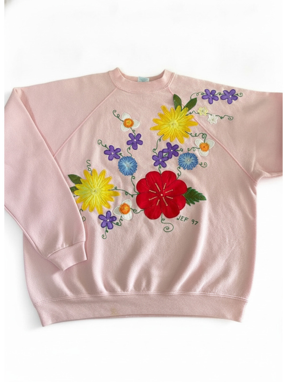 Pink Handpainted Floral Women's Sweatshirt Size Large